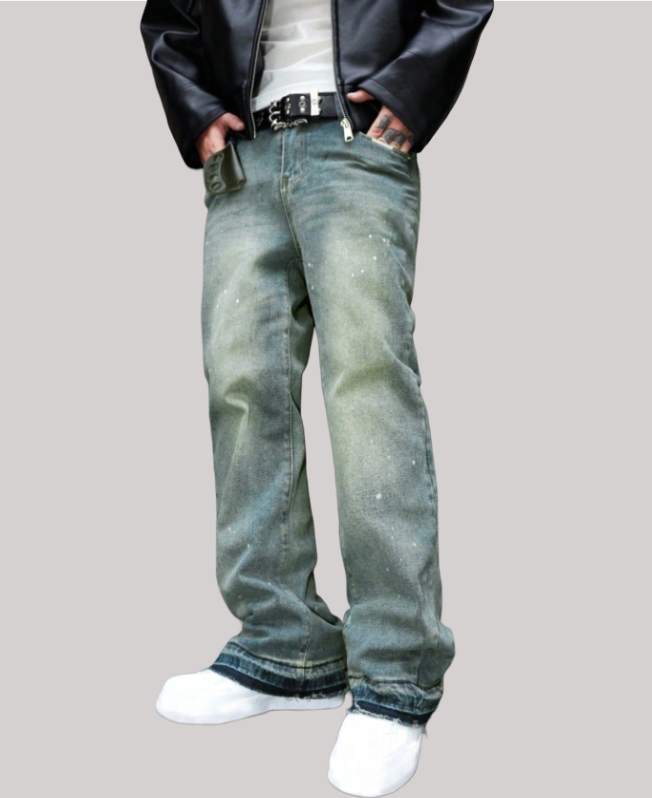 Senvanlore Faded Moss Splatter Denim Jeans